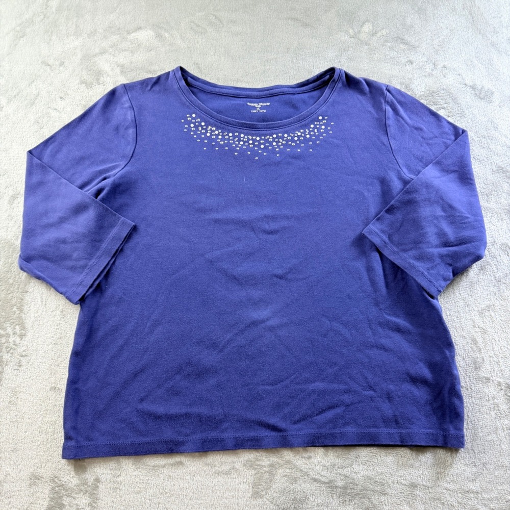 Studio Works Petite Purple 3/4 Sleeve Embellished Neck Top Women's Large Petite